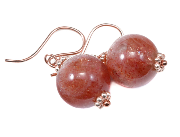 Copper Sunstone Earrings Smooth Round 14k Solid Yellow Gold or Sterling Silver 1 Inch Drops