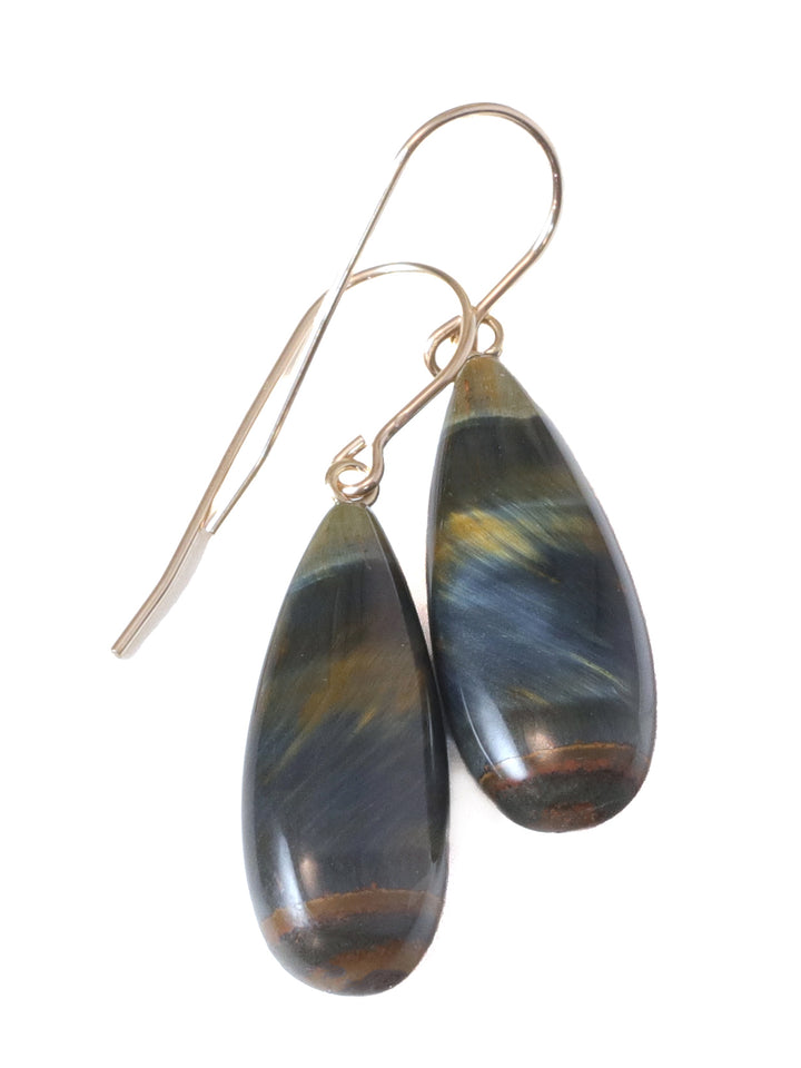 Tiger's Eye Hawk's Eye Blue Earrings Long Smooth Drop Sterling Silver or 14k Gold Filled or Solid 14k Gold Real Natural Simple Teardrops