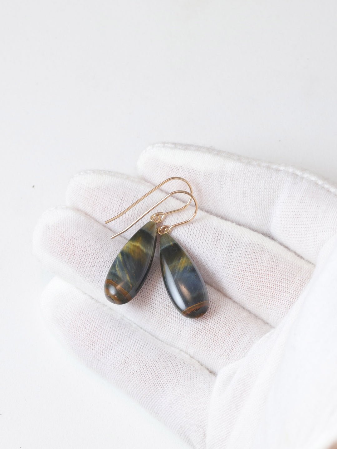 Tiger's Eye Hawk's Eye Blue Earrings Long Smooth Drop Sterling Silver or 14k Gold Filled or Solid 14k Gold Real Natural Simple Teardrops