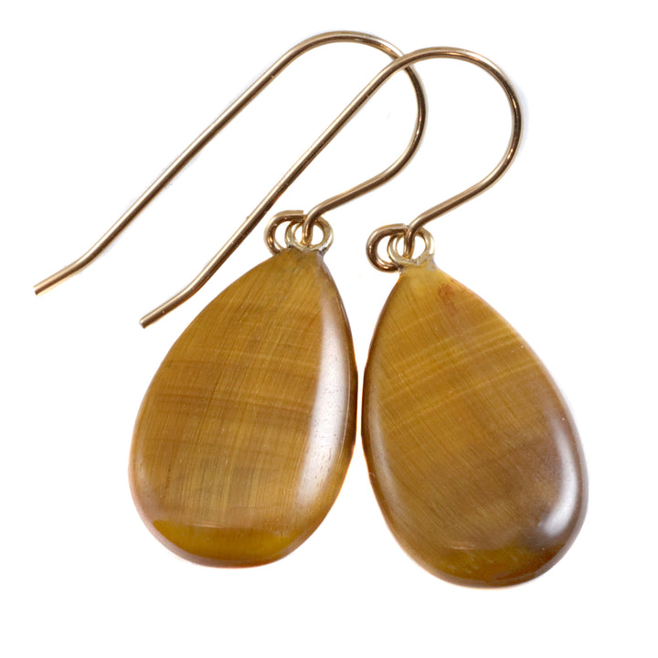 Tiger's Eye Earrings Smooth Long Teardrop dangle drop Sterling Silver or 14k Solid Gold or Filled Natural Golden Shimmer Drops Spyglass