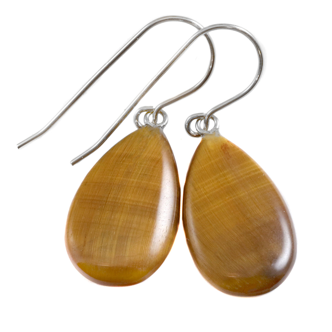 Tiger's Eye Earrings Smooth Long Teardrop dangle drop Sterling Silver or 14k Solid Gold or Filled Natural Golden Shimmer Drops Spyglass