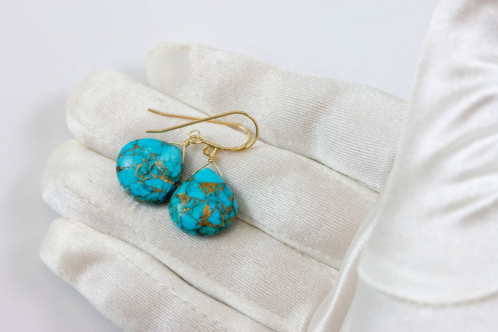Copper Mosaic Blue Turquoise Earrings Large Heart Sterling Silver or 14k Solid Yellow Gold or Filled 18mm  Simple Drops Spyglass Designs