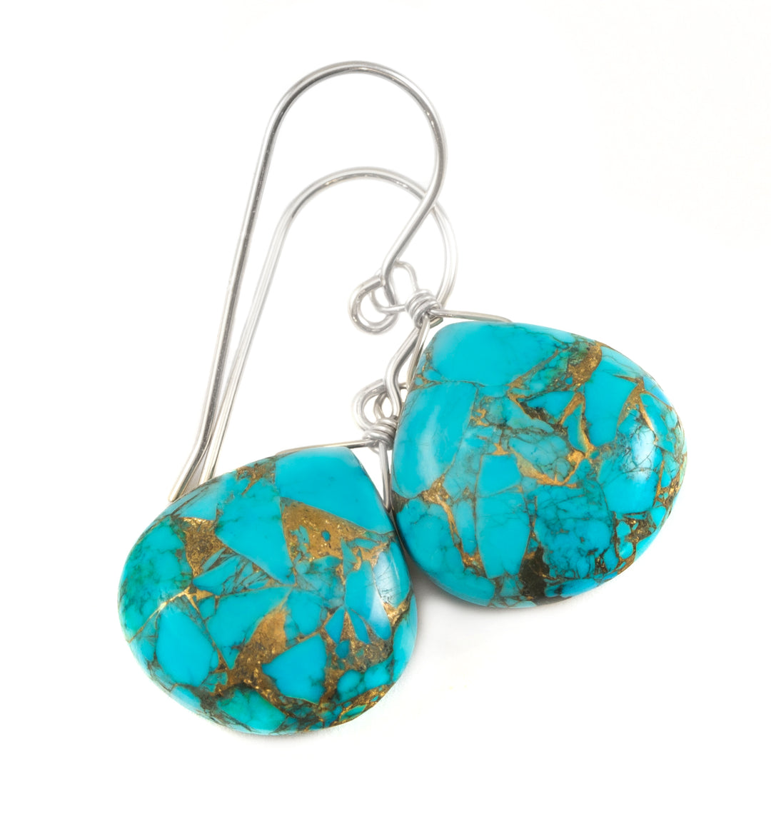Copper Mosaic Blue Turquoise Earrings Large Heart Sterling Silver or 14k Solid Yellow Gold or Filled 18mm  Simple Drops Spyglass Designs