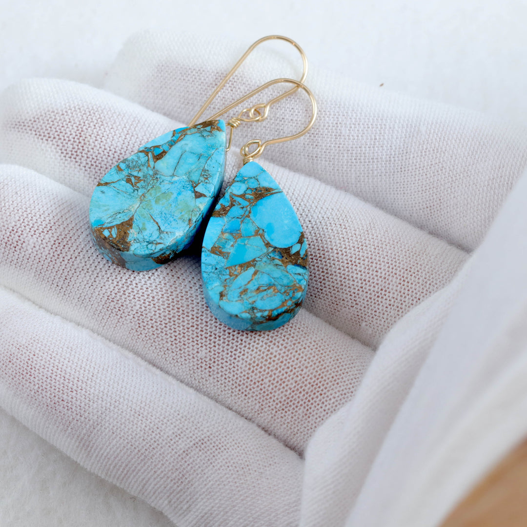 Copper Blue Turquoise Earrings Large Teardrop Sterling Silver or 14k Solid Yellow Gold or Fill Mosaic Veining Simple Drops Spyglass Designs