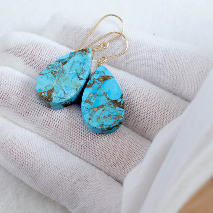 Copper Blue Turquoise Earrings Large Teardrop Sterling Silver or 14k Solid Yellow Gold or Fill Mosaic Veining Simple Drops Spyglass Designs
