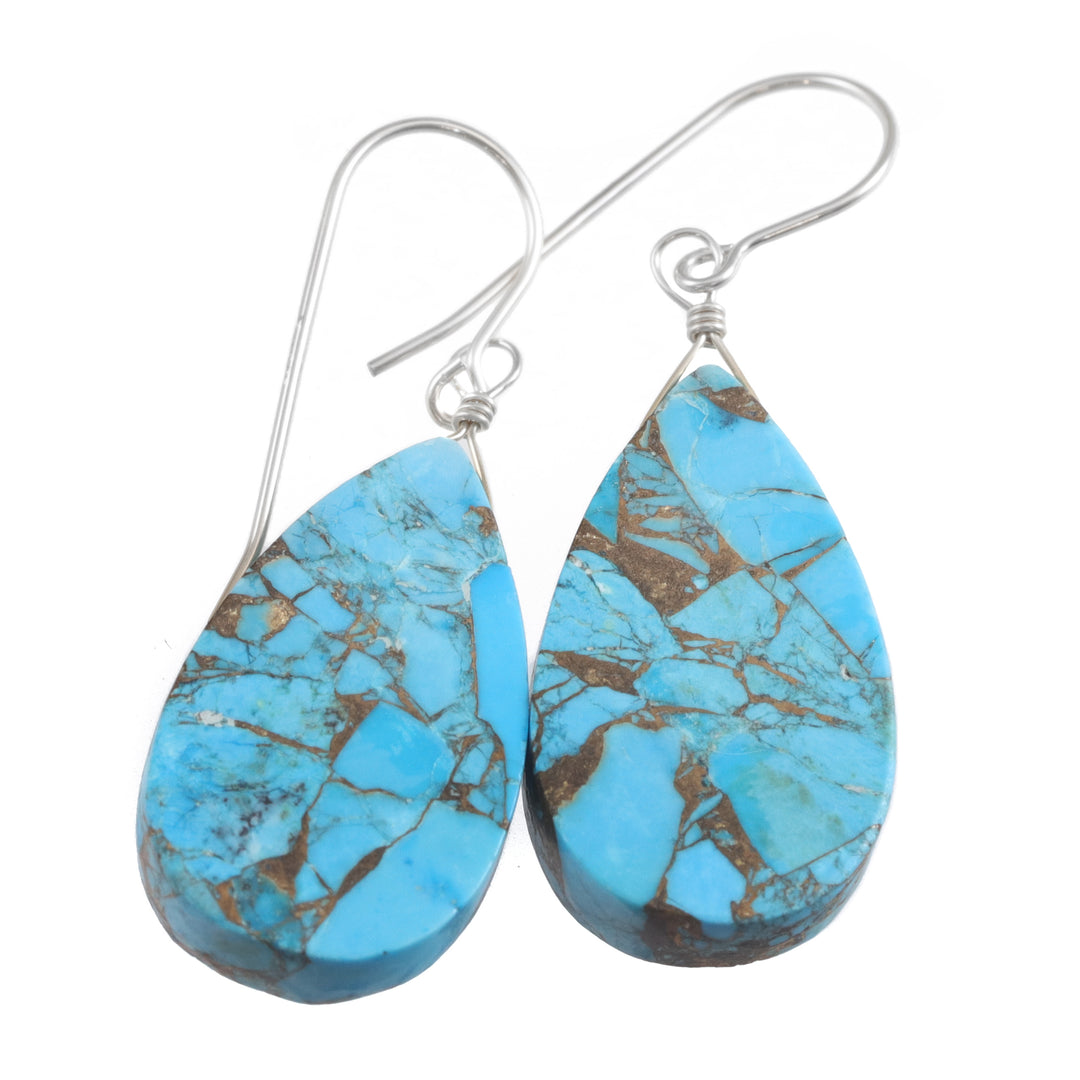 Copper Blue Turquoise Earrings Large Teardrop Sterling Silver or 14k Solid Yellow Gold or Fill Mosaic Veining Simple Drops Spyglass Designs