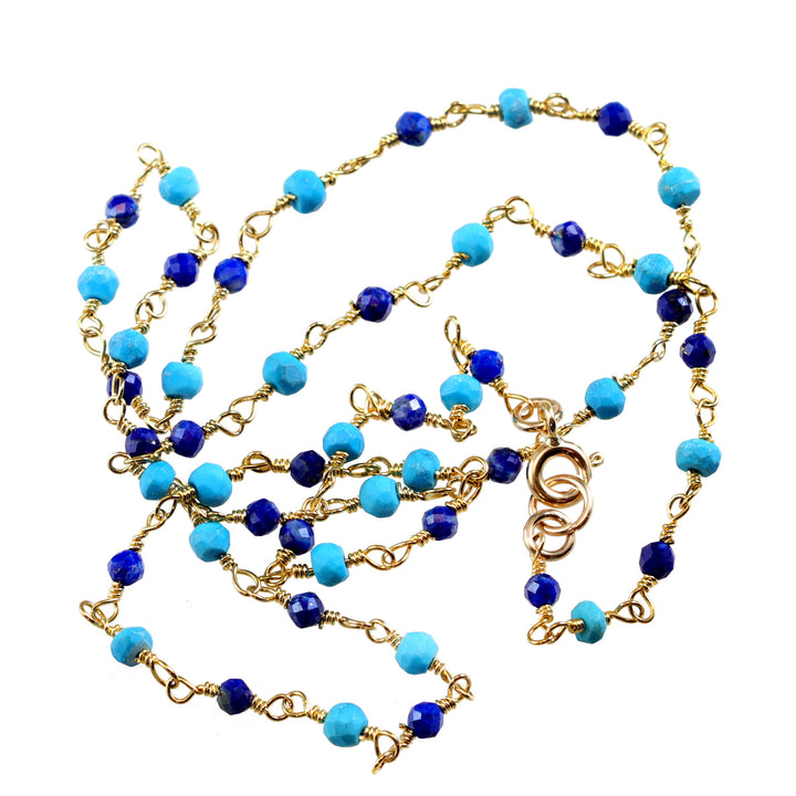 Blue Lapis Lazuli and Turquoise Necklace Spaced Chain Link Faceted Beaded 14k Gold Filled Necklace 18 19 Inches Simple
