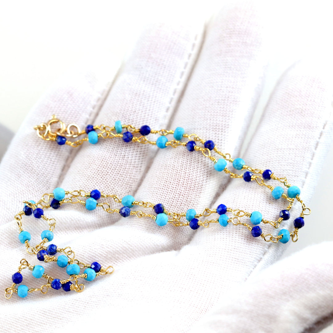 Blue Lapis Lazuli and Turquoise Necklace Spaced Chain Link Faceted Beaded 14k Gold Filled Necklace 18 19 Inches Simple