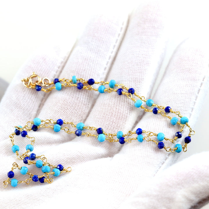 Blue Lapis Lazuli and Turquoise Necklace Spaced Chain Link Faceted Beaded 14k Gold Filled Necklace 18 19 Inches Simple