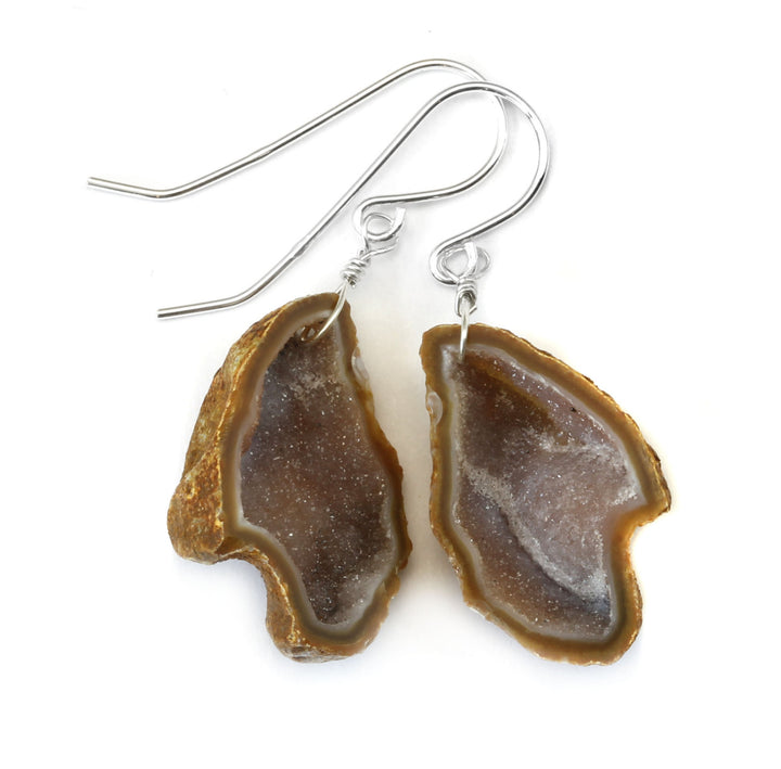 Baby Geode Earrings Tabasco Off White Gray Druzy Oval Sterling Silver Polished Small Natural Drusy Quartz Halved Geodes Paired AAA Drops