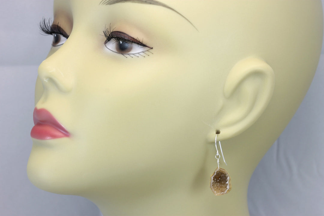 Baby Geode Earrings Tabasco Soft Creamy White Gray Druzy Oval Sterling Silver Small Natural Drusy Quartz Halved Geodes Paired AAA Drops