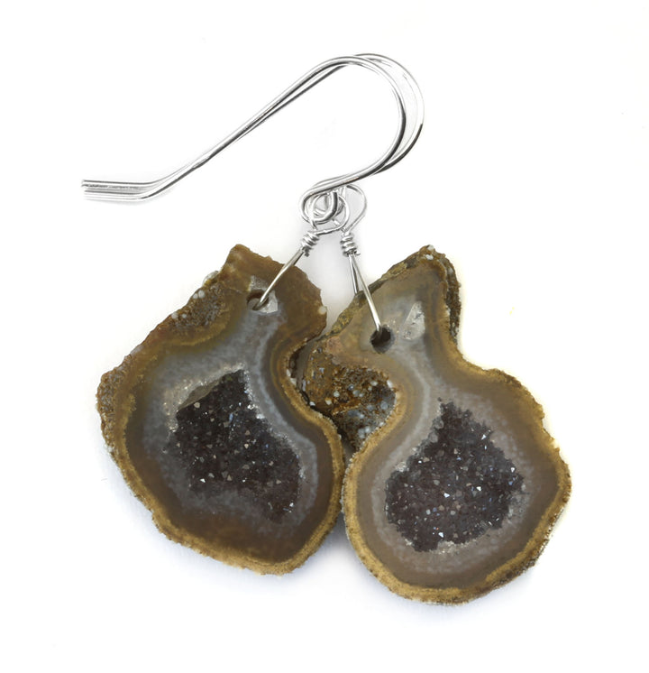 Baby Geode Earrings Tabasco Unique Gray Druzy Oval Sterling Silver Polished Small Natural Drusy Quartz Halved Geodes Paired AAA Drops