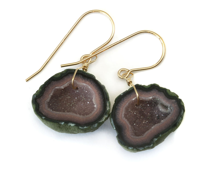 Baby Small Geode Earrings Tabasco Pink Druzy Oval 14k Gold Filled Polished Small Teardrop Drusy Paired AAA Natural Peachy Pink Druse Quartz