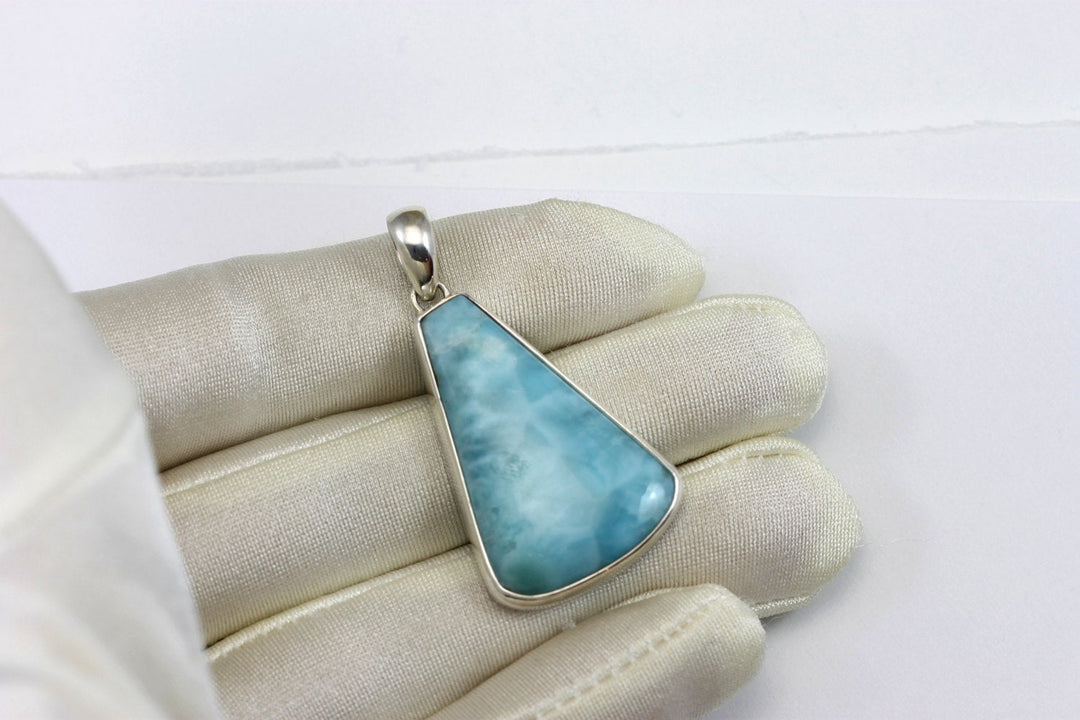 Natural Larimar Necklace Pendant smooth Sterling Silver Teardrop Triangle Bezel Set Cabachon Simple Baby Blue Large Simple classic design