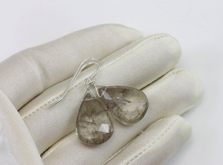 Black Bronze Rutile Tourmalated Quartz Earrings Sterling Silver Faceted Large Long Teardrop  AAA Quality Rich Select natural Rutilation