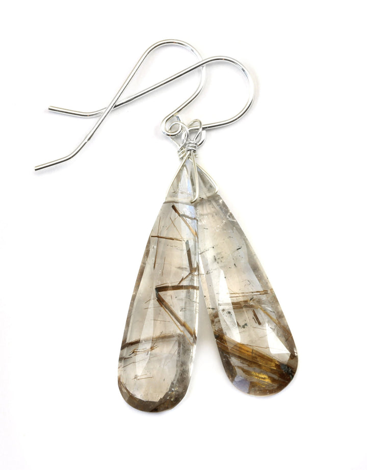 Bronze Rutile Tourmalated Quartz Earrings Sterling Silver Faceted Large Long Rutilated Teardrop AAA Rich Select natural Rutilation Drops