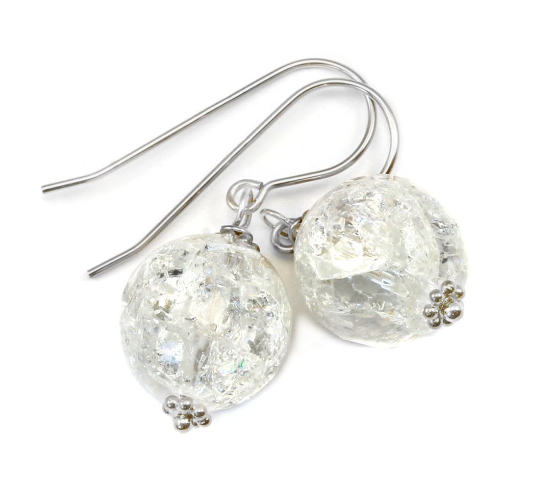 Crackle Clear Quartz Earrings Sterling Silver or 14k solid Gold or Filled  Round Cut Faceted Natural Quartz Mosaic Round Beaded Accent Drops
