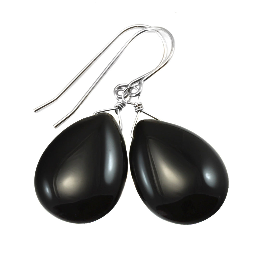 Black Onyx Earrings Sterling Silver or 14k Solid Gold or Filled Smooth Puffed Oval Teardrop Dangle Simple Design Classic Neutral Drops