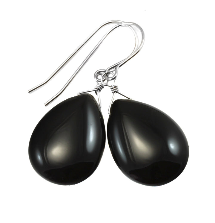 Black Onyx Earrings Sterling Silver or 14k Solid Gold or Filled Smooth Puffed Oval Teardrop Dangle Simple Design Classic Neutral Drops