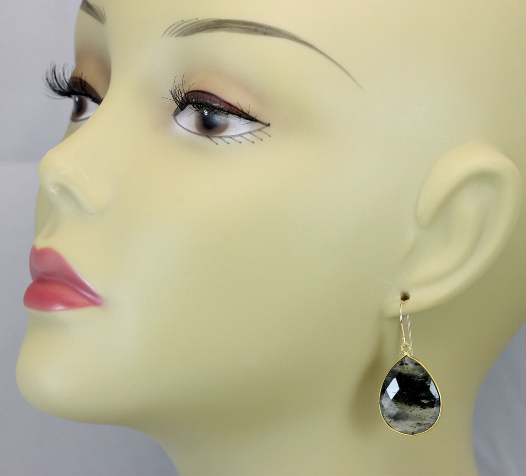 Black Rutile Tourmalated Quartz Earrings 14k Solid Gold or Filled Faceted Large Long Rutilated Drop Teardrop  AAA Bezel Setting Long Select