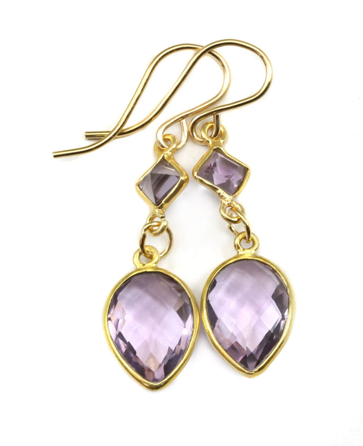 Pale Light Purple Amethyst Earrings Bezel Set 14 Gold Filled Large Teardrop Bezeled Double hung Lavender Classic Simple Design Faceted