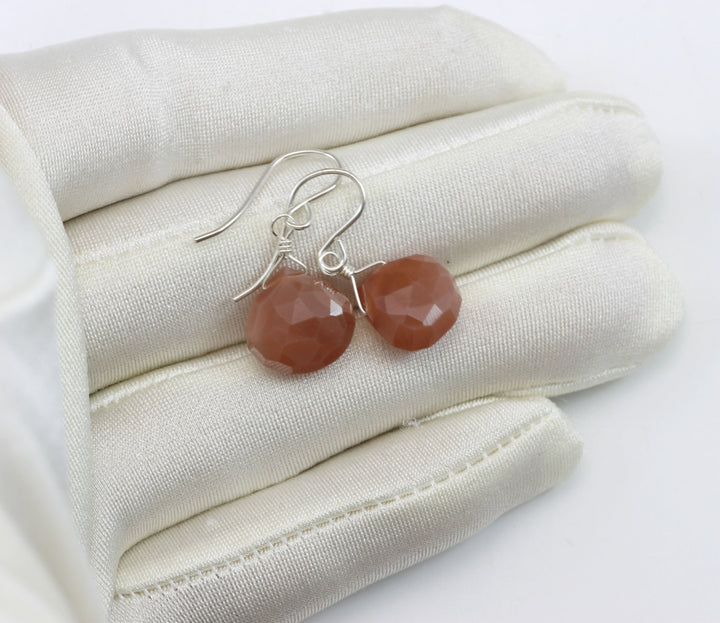 Peach Moonstone Earrings Sterling Silver or 14k solid Gold or Filled Faceted Heart Teardrops  Everyday Dainty Peachy Shimmery Natural Drops