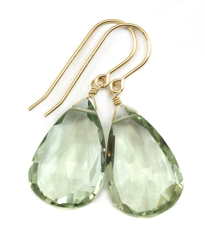 Green Amethyst Earrings Prasiolite Faceted AAA Pear Teardrop 14k Solid Gold or Filled or Sterling Silver Large Fat Drop Classic Briolettes