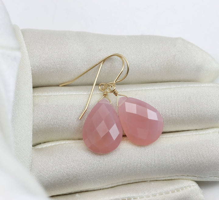 Pink Chalcedony Earrings Sterling Silver or 14k Solid Yellow Gold or Filled Faceted Teardrop Large Pear Cut Pale Soft Pink Natural Classic