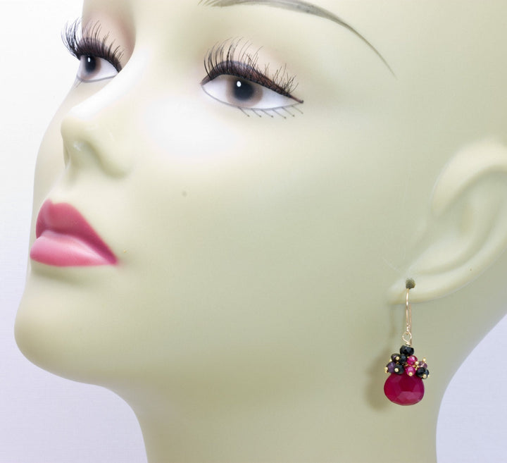 Hot Pink Chalcedony Earrings Cluster Heart Faceted 14k Solid Gold or Filled Topaz Spinel Amethyst Pyrite Sapphire fuchsia Magenta Drops