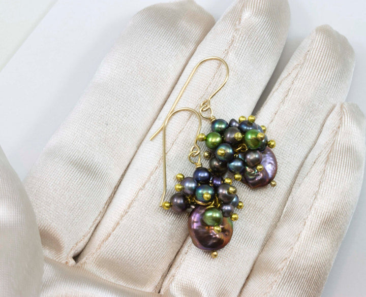 Peacock Pearl Earrings Cluster Pearls 14k Gold Filled Freshwater Cultured Classic Simple Iridescent Colors