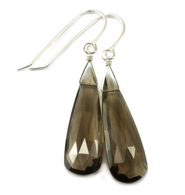 Smoky Quartz Earrings Faceted AAA Large Long Briolette Smokey Sterling Silver or 14k solid Gold or Filled Rich Smoky simple drops Spyglass