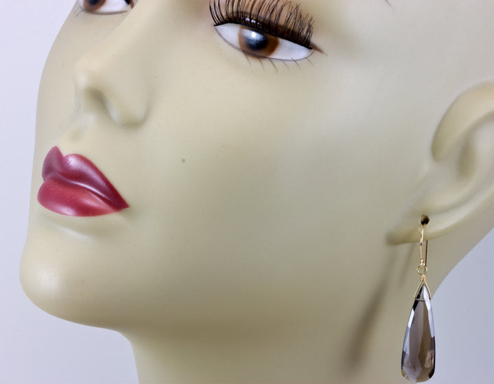 Smoky Quartz Earrings Faceted AAA Large Long Briolette Smokey Sterling Silver or 14k solid Gold or Filled Rich Smoky simple drops Spyglass