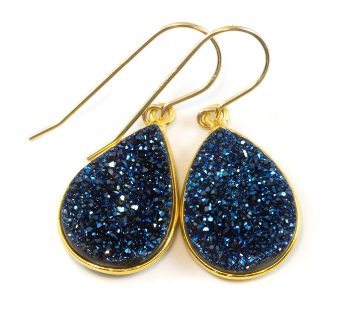Peacock Blue Drusy Earrings Druzy Teardrops 14k Solid Gold or Filled or Sterling Silver Bezel Set Simple Drops High sparkle large drops