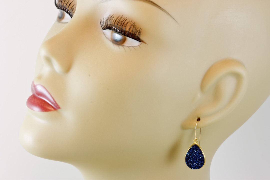 Peacock Blue Drusy Earrings Druzy Teardrops 14k Solid Gold or Filled or Sterling Silver Bezel Set Simple Drops High sparkle large drops