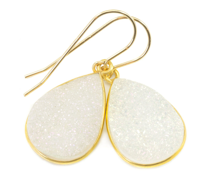 White Drusy Earrings Druzy Teardrop 14k solid gold or filled or sterling silver Large Bezel Simple Drops Fine Druse Quartz Spyglass Designs