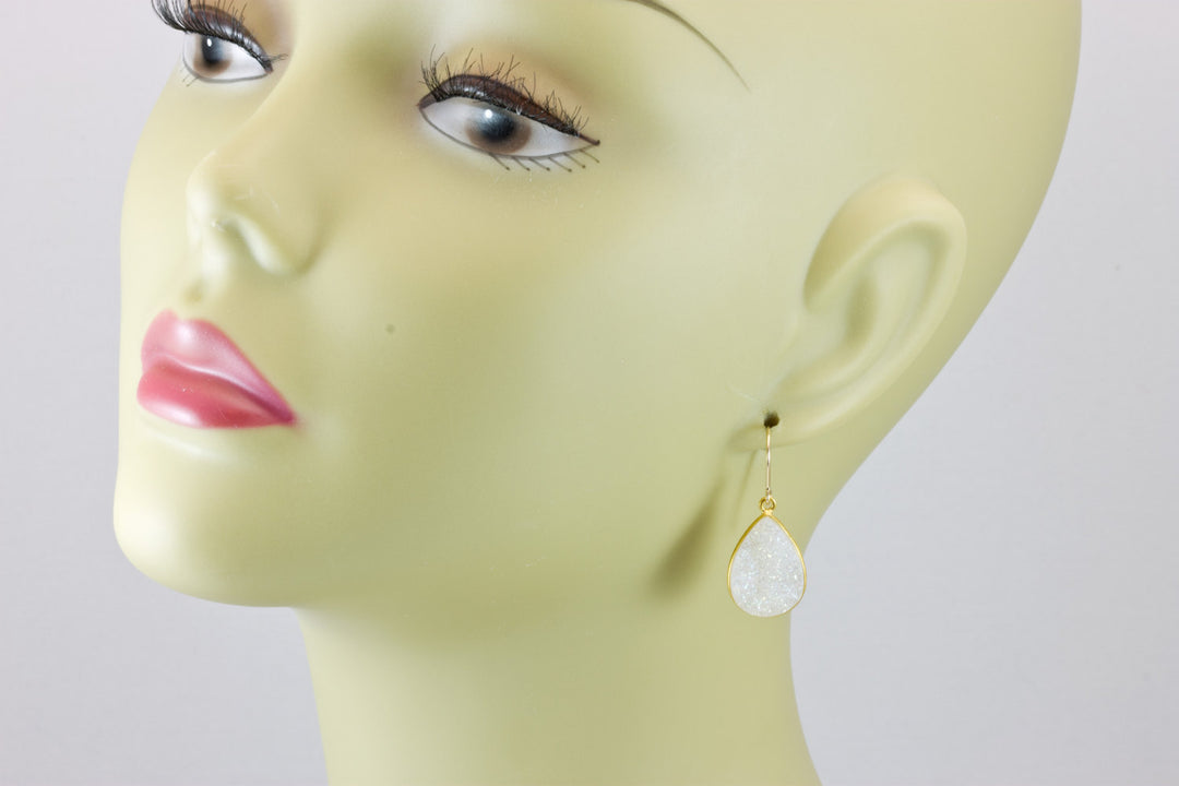 White Drusy Earrings Druzy Teardrop 14k solid gold or filled or sterling silver Large Bezel Simple Drops Fine Druse Quartz Spyglass Designs