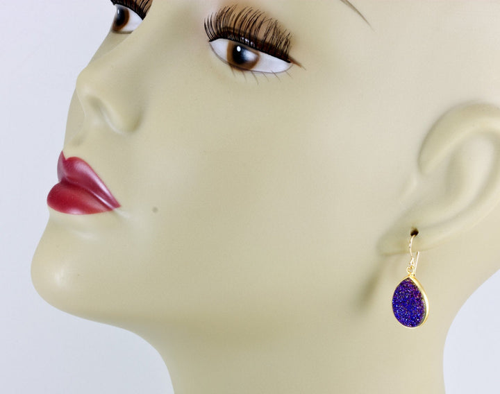 Purple Peacock Drusy Earrings Druzy Teardrop Shape 14k solid gold or filled or sterling silver Large Bezel Simple Drops Fine Drusy Quartz