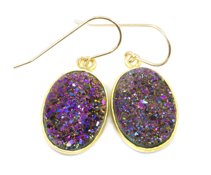 Purple Peacock Drusy Earrings Druzy Teardrop Oval 14k Solid gold or filled or Sterling Silver Bezel Simple Drops Large Druse Spyglass Design