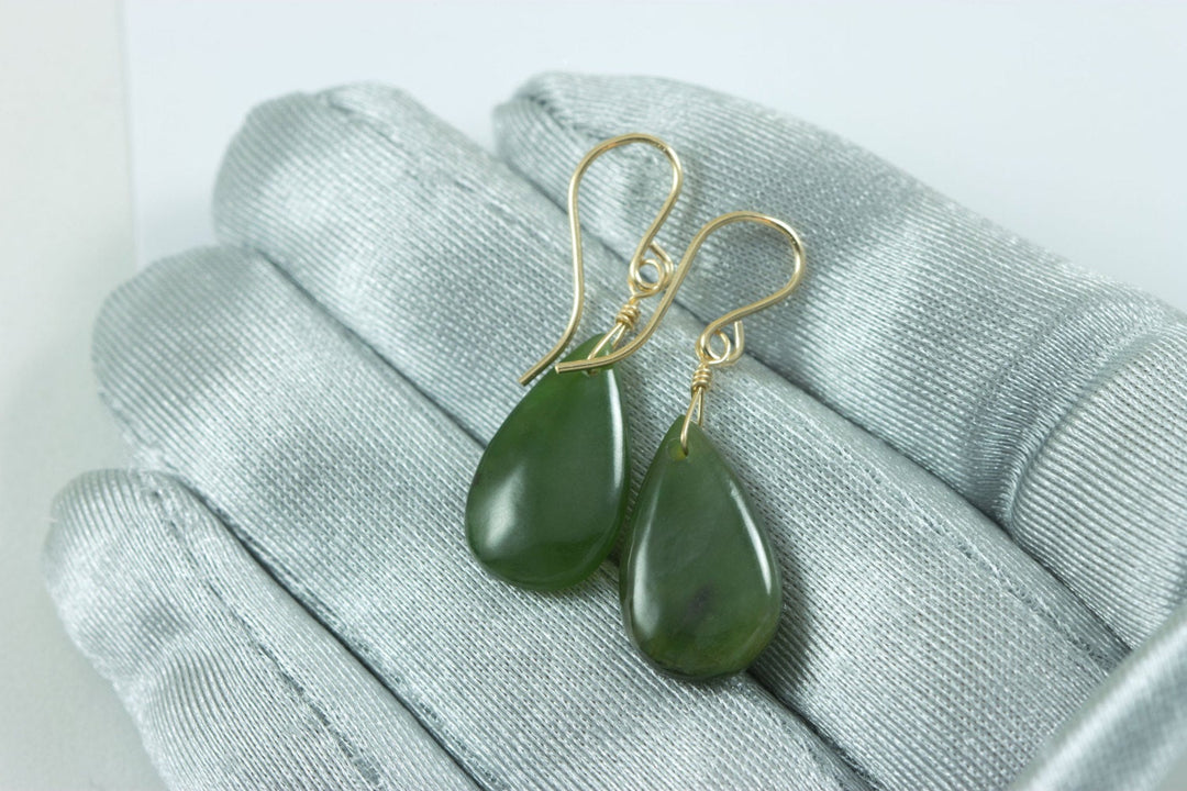 Jade Earrings Natural Green Nephrite Simple Teardrop Smooth Sterling Silver or 14k Solid Gold or Filled Simple Dainty Lightweight Drops