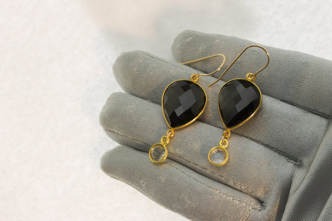 Black Spinel Earrings Bezel Set Faceted Teardrop 14k solid Gold or Filled French Earwire Large Double Hung Simple Drops Clear Quartz Puffed