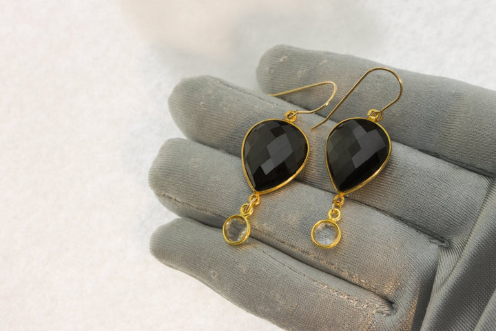 Black Spinel Earrings Bezel Set Faceted Teardrop 14k solid Gold or Filled French Earwire Large Double Hung Simple Drops Clear Quartz Puffed