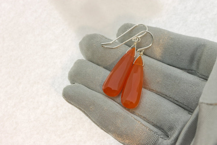 Carnelian Earrings Faceted Pear Long Large AAA Teardrops 14k Solid Gold or Filled or Sterling Silver Orange Chalcedony Drops Natural Classic