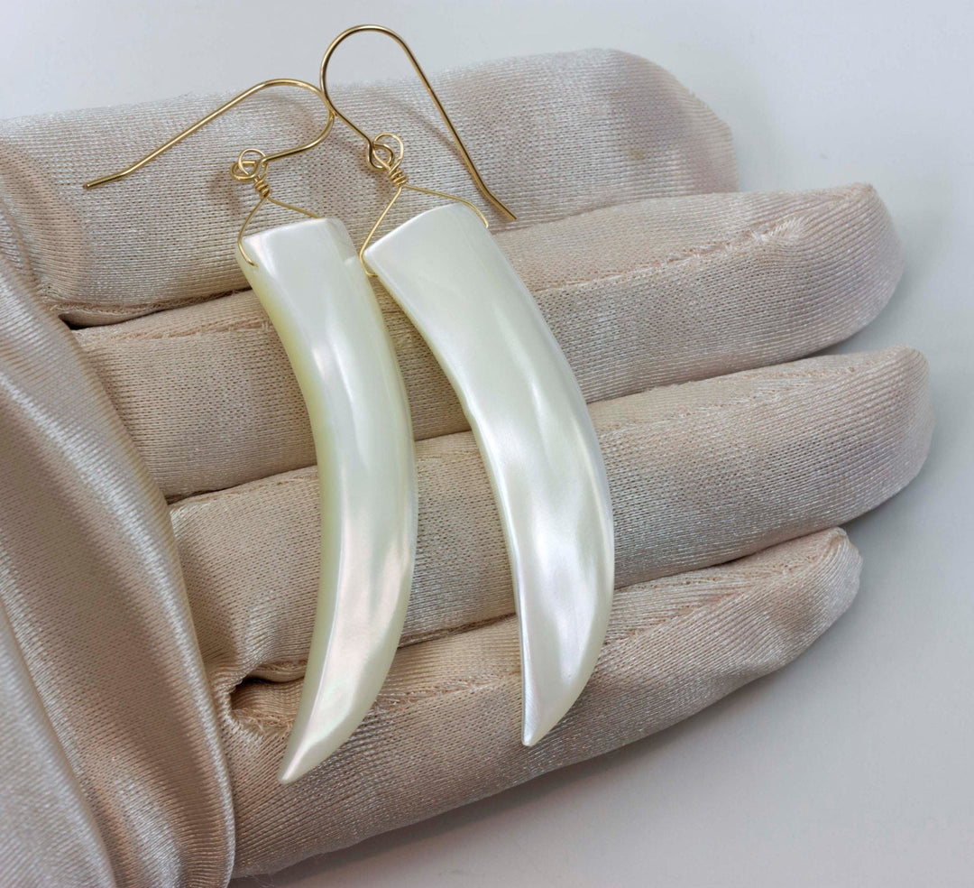 Mother of Pearl Earrings White Shell 14k Gold Filled or Sterling Silver Natural Curved Shell Long 2 Inch Drops Earthy Large Simple Drops MOP