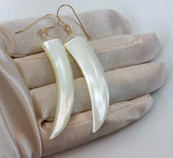 Mother of Pearl Earrings White Shell 14k Gold Filled or Sterling Silver Natural Curved Shell Long 2 Inch Drops Earthy Large Simple Drops MOP