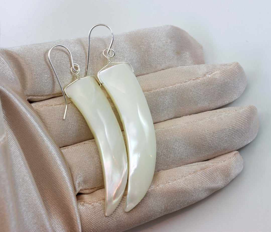 Mother of Pearl Earrings White Shell 14k Gold Filled or Sterling Silver Natural Curved Shell Long 2 Inch Drops Earthy Large Simple Drops MOP