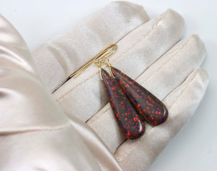 Fire Red Opal Earrings Long AAA Teardrops 14k Solid Gold or Filled or Sterling Silver 2 Inch AAA cut iridescent colors simple daily drops