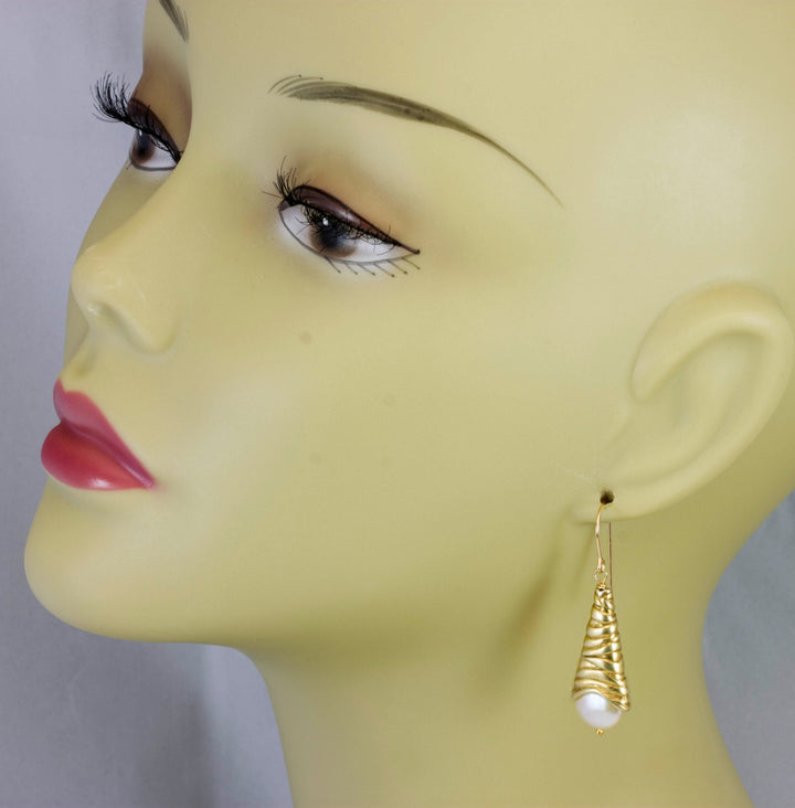 Pearl Earrings 14k gold filled Ear Wires and Vermeil Yellow Gold Cone Unique Drops Freshwater Cultured high luster pearls Earthy design