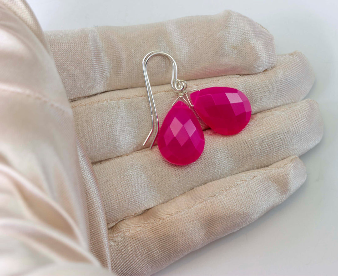Hot Pink Chalcedony Earrings AAA Faceted Large Drops 14k Solid Gold or Filled or Sterling Silver Pear Fuchsia Magenta  Classic Drops