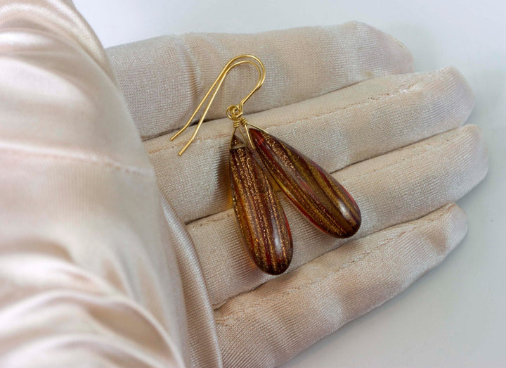 Art Glass Earrings Smooth Long Teardrops Golden Amber 14k Gold Filled or Sterling Silver AAA cut iridescent colors simple daily wear drops