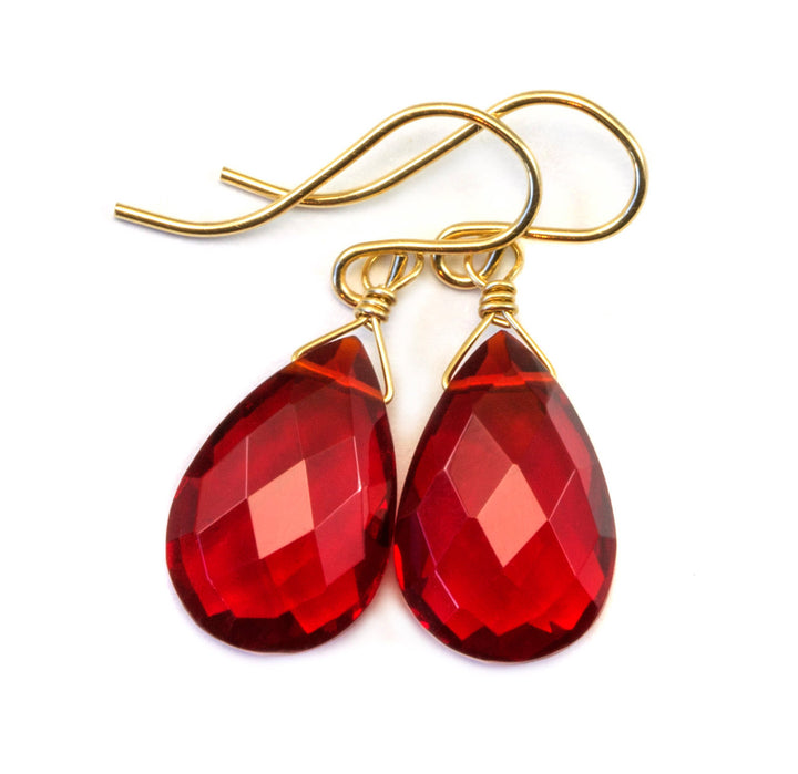 Red Ruby Earrings Pear Shaped Simulated Teardrop Dangle faceted Sterling Silver or 14k Gold Filled Red Quartzite Puffed Shape Simple